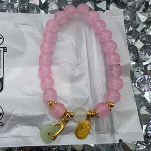 Bracelet beaded stretchy Asia circle dangly charms Chinese symbols pink gold